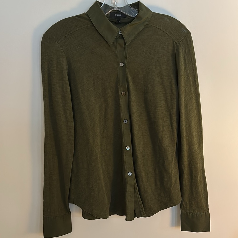 Theory Women's Riduro Cotton Slub Long Sleeve Button-Up Shirt Green Small - Picture 5 of 10